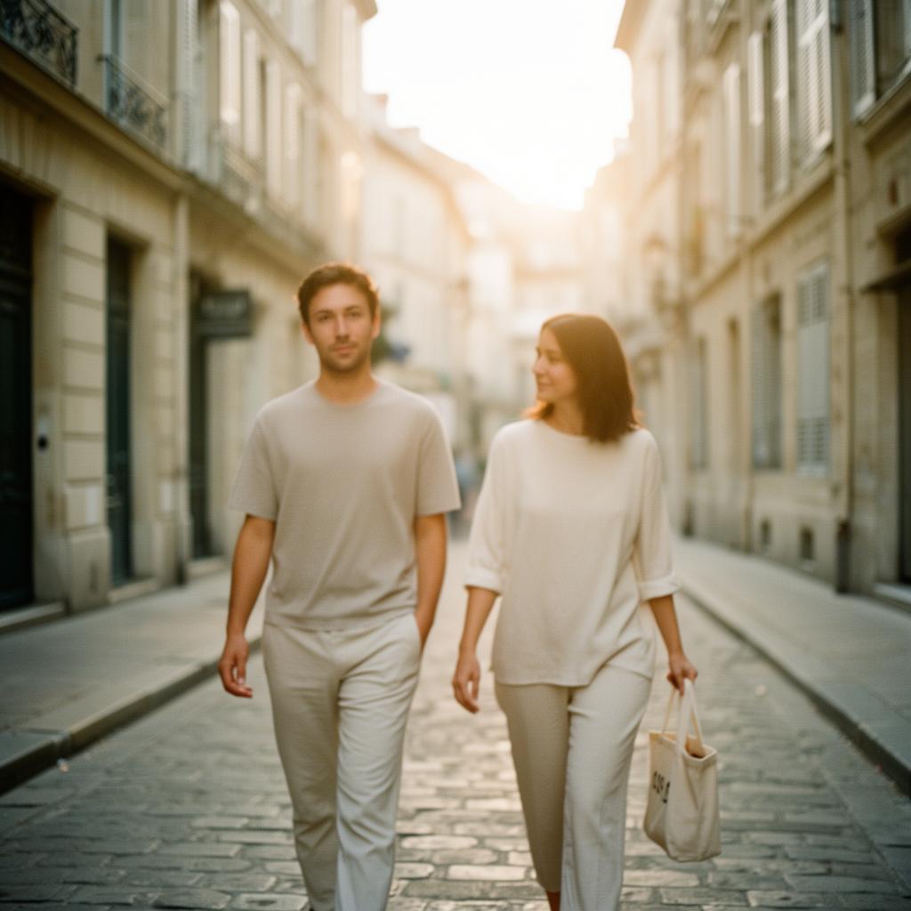 A couple walking together through a quiet European street at golden hour.