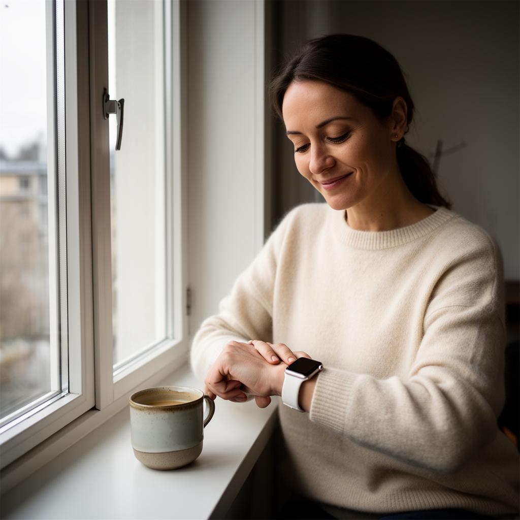 A woman in a soft sweater glancing at her smartwatch by a sunlit window with a cup of coffee.