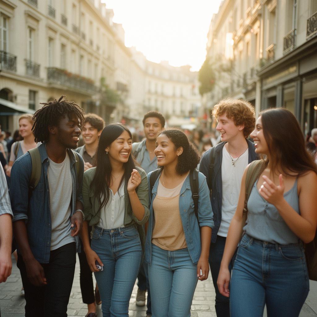 A diverse group of young people from different ethnic backgrounds walking and laughing together in a sunlit European city street.